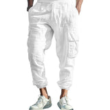 Autumn Cotton and Linen Men's Casual Trousers Ankle-Tied Multi-Pocket Lace Solid Color Loose Overalls Men