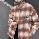 men fall outfits casual American-Style Retro Brushed Plaid Workwear Jacket for Men and Women Autumn New Niche Design Loose Badge Button Jacket