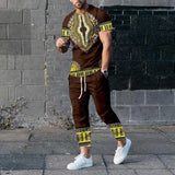 2000s fashion New Men's Short-Sleeved Trousers Suit 3D Digital Personality Ethnic Style Printed Fashion Casual Tights