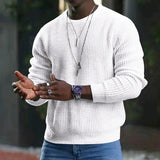 Spring and Autumn Men's Youth Waffle Solid Color round Neck Long Sleeve Pullover Sweater