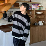 men fall outfit round Neck Lazy Striped Sweater Sweater Loose Hong Kong Style Top Trendy Men's Trendy Sweater Men's Winter