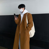 Riolio 2000s fashion High-Grade Solid Color Woolen Coat Winter Super Long Loose Double-Breasted Woolen Coat Men's Mid-Length