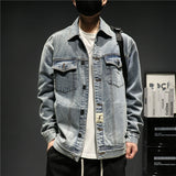 black men fashion urban High Street Washed Retro Denim Coat Men's Spring and Autumn Oversize American Workwear Jacket Raccoon