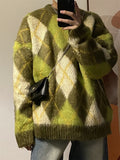 non binary outfits Pineapple Green Contrast Color Diamond Plaid Sweater Men's Korean-Style Loose Pullover round Neck Lazy Style Thick Sweater Fashion