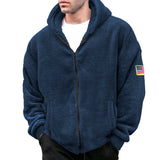 Men's Winter Double-Sided Fleece Warm Hooded Zipper Casual Flag Logo Jacket Jacket