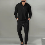 Riolio Men's Casual Waffle Solid Color Zipper Long Sleeve Sports Trousers Two-Piece Set Suit