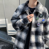 men fall outfits casual American-Style Retro Brushed Plaid Workwear Jacket for Men and Women Autumn New Niche Design Loose Badge Button Jacket