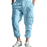 Autumn Cotton and Linen Men's Casual Trousers Ankle-Tied Multi-Pocket Lace Solid Color Loose Overalls Men