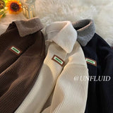 fall outfits aesthetic Corduroy Polo Collar Sweater Men's Winter New Fleece-lined Thickened Lamb Wool Coat Men's Winter Hong Kong Style Teenagers