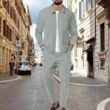 Spring Autumn Men's Waffle Solid Color Long Sleeve Shirt Trousers Suit