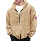 Men's Winter Double-Sided Fleece Warm Hooded Zipper Casual Flag Logo Jacket Jacket