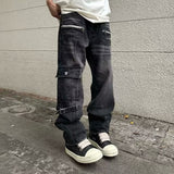 boy outfits New American High Street Loose Straight Workwear Jeans Men's Design Retro Wide Leg Trousers