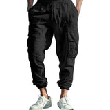 Autumn Cotton and Linen Men's Casual Trousers Ankle-Tied Multi-Pocket Lace Solid Color Loose Overalls Men