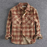 men’s fashion American Style Retro Spring and Autumn Men's Classic Plaid Long-Sleeved Shirt Washed Corduroy Comfortable Artistic Fashion