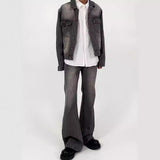 y2k outfits American-Style Black and Gray Retro Washed Half Elastic Waist Jeans Men's Loose Casual Micro Flared Trousers Fashion