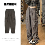 tomboy outfit Spring Drawstring Ankle-Tied Men's Japanese Retro Loose Large Pocket Straight Overalls Wide Leg Pants Simple All-Match