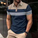 Riolio Men's Casual Polo Shirt V-neck Button Business Striped T-shirt Top