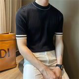 Riolio Men's Clothing Fashion Patchwork Tops Luxury High Quality Knit O Neck Short-sleeved T-shirt Leisure Popular Retro Slim Knitwear