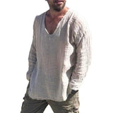Riolio Men V-neck Long Sleeve Shirt Tops Burr Edge Pleated Loose Thin Pullover Tops Streetwear Spring Autumn Casual Handsome Men Shirts