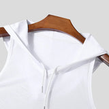 Riolio  Men Solid Mesh Hooded Sleeveless Tank Top Drawstring Gym Fitness Muscle Vest