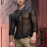 Riolio  Sexy Fashion Style Tops Handsome Men's Hollowed Slightly Perspective T-shirt Leisure Club wear Thin Long Sleeved Camiseta