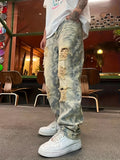 Riolio  American-Style Streetwear Washed Vintage Ripped Jeans for Men, Spring and Autumn Straight Loose Fit, European and American High Street Vibe Style Long Pants