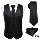 Riolio 4PC Mens Extra Silk Vest Party Wedding Gold Paisley Solid Floral Waistcoat Vest Pocket Square Tie Suit Set