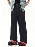 Riolio Men's Fashion Plaid Splicing Jeans Embroidery Design Baggy Straight Denim Pants Korean Vintage High Street Hip Hop Male Trousers
