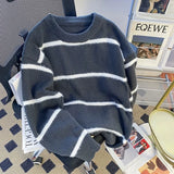 Riolio  New Korean Trendy Men Sweater Light Luxury Knitted Drooping Stripe O Neck Long Sleeve Pullover Casual High Street Knitwear M-3XL