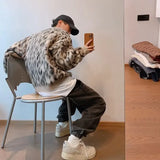 Riolio Winter Trendy Vintage Lazy Color Block Leopard Slip Pullover Warm Round Neck Knit Sweater For Men Casual Outer Wear