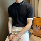 Riolio Men's Clothing Fashion Patchwork Tops Luxury High Quality Knit O Neck Short-sleeved T-shirt Leisure Popular Retro Slim Knitwear
