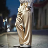 Riolio  Summer Men Straight Wide Leg Casual Pants Acetate Satin High Waist Floor-Length Draped Trousers S-3XL
