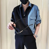 Riolio  Handsome Men's Half-sleeved Shirts Trendy and Fashionable Clothes  Men's Short-sleeved Denim Splicing Tops  Men