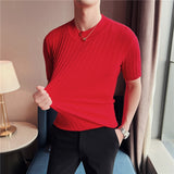 Riolio Summer Knitted Elasticity T Shirt Men Half High Collar Short Sleeve Casual Slim Fit Sweater Tops Tees Social Club T-Shirt