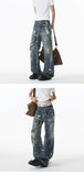 Riolio Jean Men Unique Design Graffiti Street Style Drag Jeans Urban Trendy Fashion Distressed Long Fit Casual Denim Pants Edgy Hip Hop