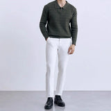 Riolio  New American Fashion Jacquarded Men Polo Sweater Light Luxury V Neck Knit Solid Color Long-sleeved Tops Premium Quality Knitwear