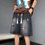 Riolio Men's New Retro Elastic Waist Pocket Fashionable Solid Color Five-point Star Ripped Denim Shorts