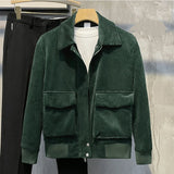 Riolio  Men Casual Corduroy Jacket with Lapel Collar Full Zipper Closure Workwear Loose Fit Coat Outerwear Cardigan for Daily Use