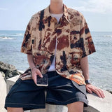 Riolio American high street men and women trendy personalized printed vacation shirts for couples loose beach casual short sleeves y2k