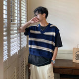 Riolio Striped Sweater Vest Men Summer Vintage Harajuku Hollow Out Design Fashion Korean Style All-match Cropped Knitwear Clothing New