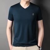 Riolio Silk V-Ne ort Sve T-irt Men's Pure Color Summer Ice Silk Feel High End Dad Clothes Faion Urban Busin Casual