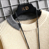 Riolio Autumn Winter Men Sweater Warm Top New Fashion Stitching Color Matching Pullover Round Neck Sweater Thickened Knitted Sweater