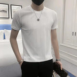 Riolio  Summer Men's Knitting Ice Silk Solid Color Round Neck Short-sleeved Korean Version Slimming Stripe Hollowed-out Fashion Casual