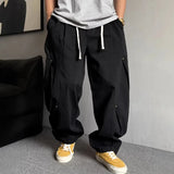 Riolio  Men Drawstring Loose Curved Wide Leg Casual Cargo Pants