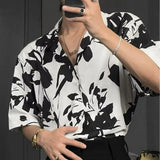Riolio  Men's Trendy Vintage Print Chic Oversize Cuban Collar Shirt Summer Casual High Street Short Sleeve Cotton Tops Camisas De Hombre