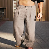 Riolio  Men's Spring and Summer Linen Pleated Wide-leg Pants Mid-rise Breathable Joggers