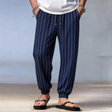 Riolio  Men's Vertical Striped Jogger Pants Drawstring Waist Casual Tapered Trousers Lightweight Beach Bot for Summer