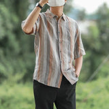 Riolio  Men's Vertical Striped Half Sleeve Shirt Casual Loose Button Down Linen Blended Shirts For Male