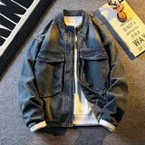 Riolio Spring Autumn Old Blue Loose Large Pocket Stand Collar Denim Jacket Men's Retro American High Street Zipper Jacket Top Urban