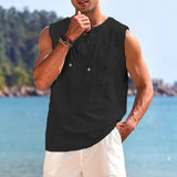 Riolio  Cotton Linen Sleeve T-Shirt for Men Casual Beach Style Lightweight Lace Up Vest Breathable Cool Feeling Tops Male Tank Tops